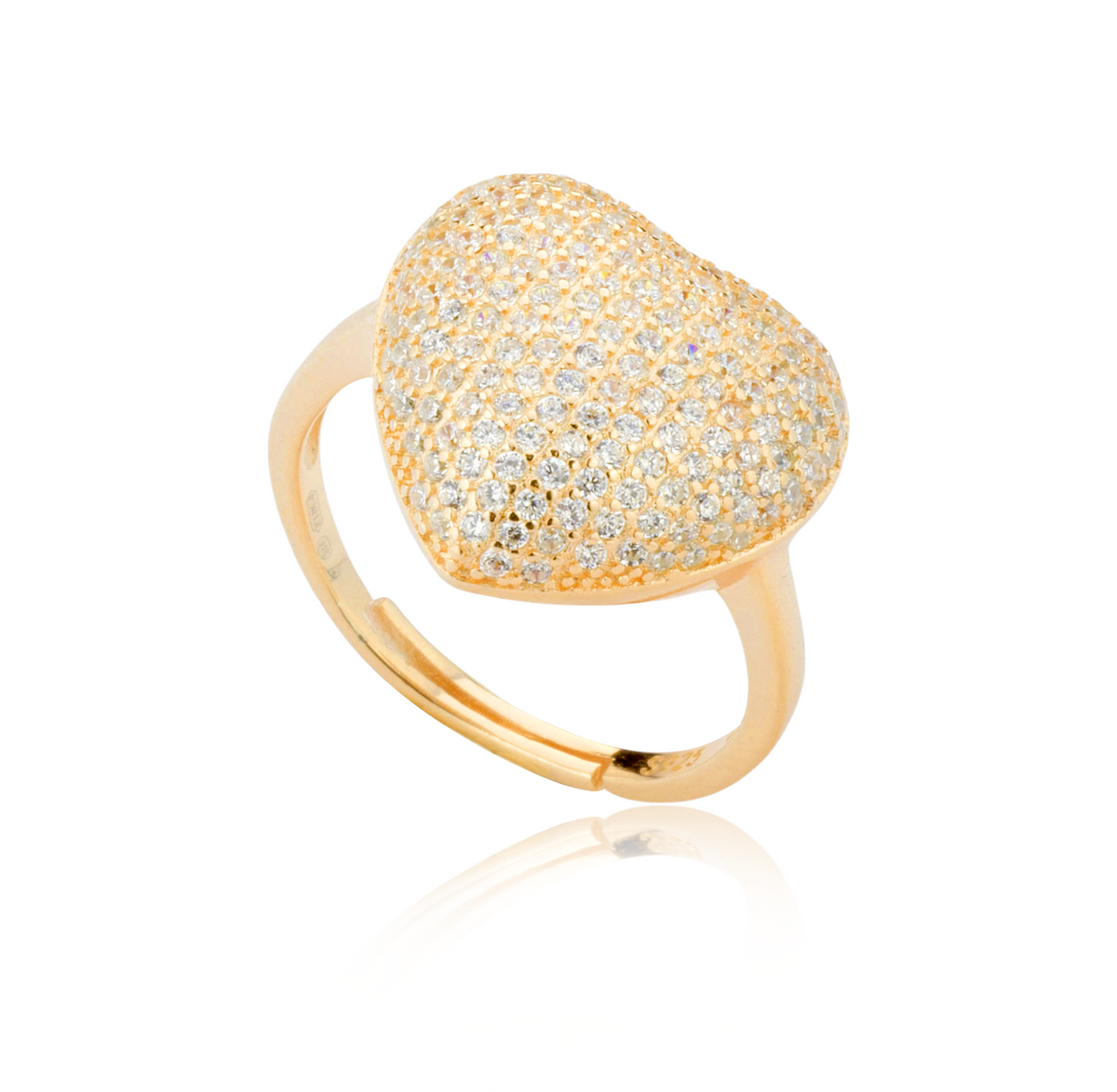 Anello Cuore Pavé Regolabile in Argento 925 Placcato Oro 18kt con Zirconi Swarovski – 2 cm