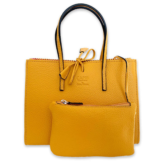 CAPRI WATCH - Borsa "Alba" Yellow realizzata in pelle “pieno fiore” di vitello con stampa "Alce”, interno in pelle scamosciata, con borsello e tracolla in pelle -
