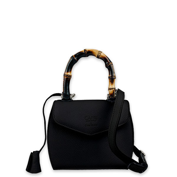 CAPRI WATCH - Borsa "Rossella" Black realizzata in pelle “pieno fiore” di vitello con “stampa Alce”, foderata internamente in pelle scamosciata, con manico in bambù e tracolla - Art. 5778 01