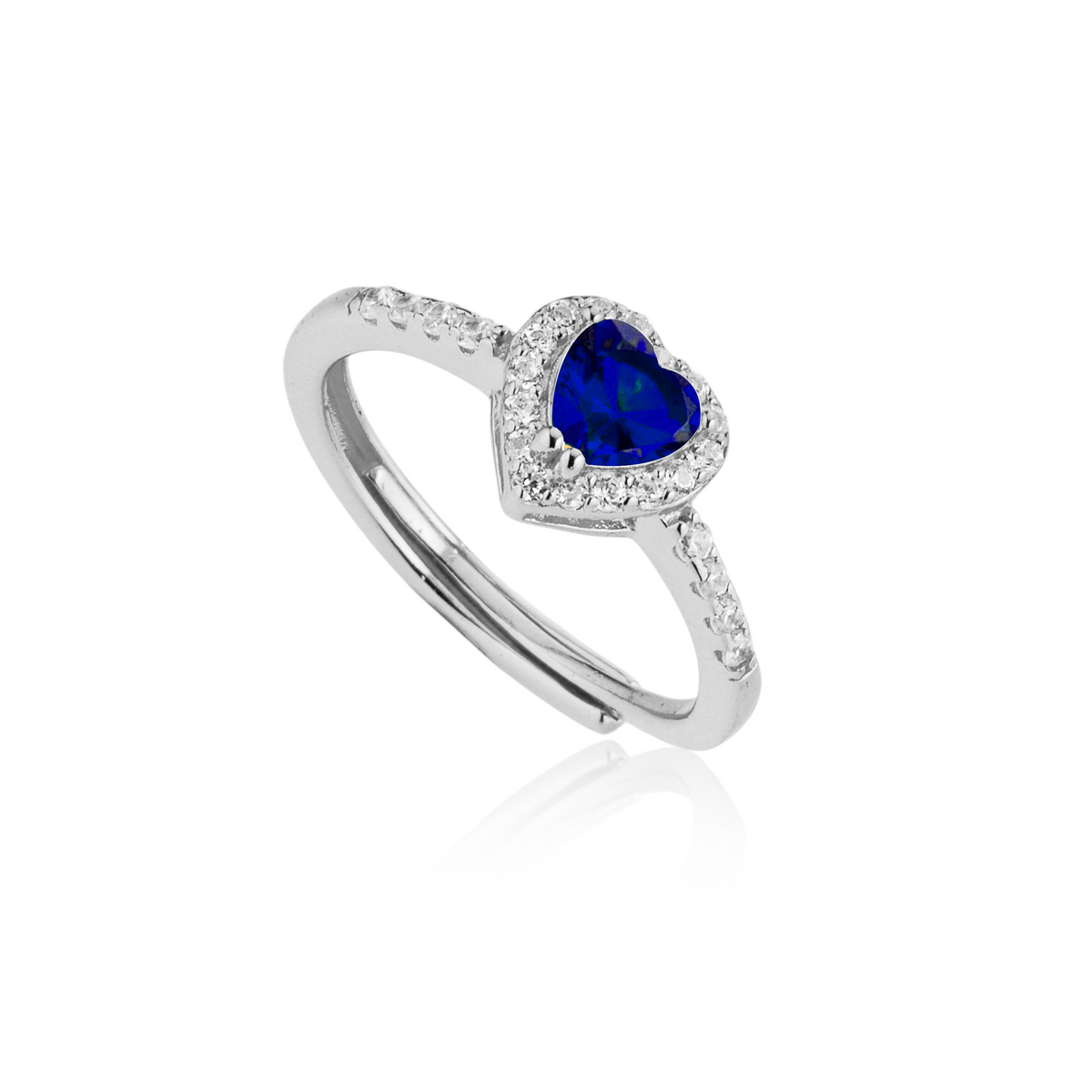 Anello Cuore con Contorno con Zirconi Swarovski Blu in Argento 925, Regolabile