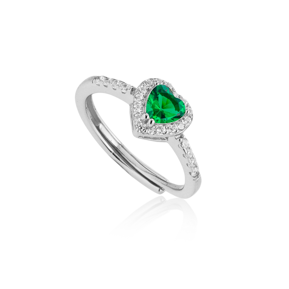 Anello Cuore con Contorno con Zirconi Swarovski Verdi in Argento 925, Regolabile – 0,8 cm