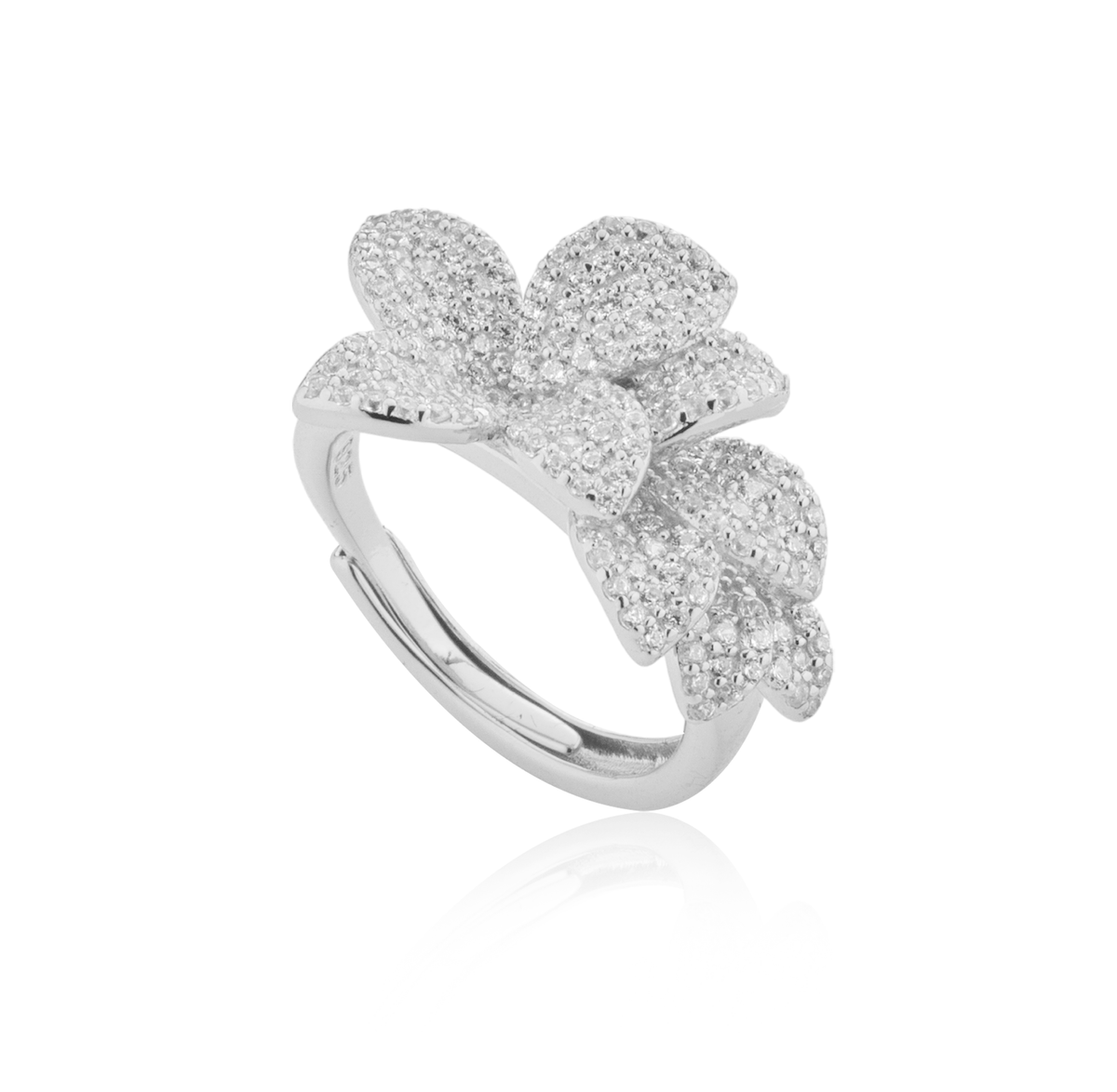 Anello Fiore di Foglie Pavé con Zirconi Swarovski in Argento 925, Regolabile