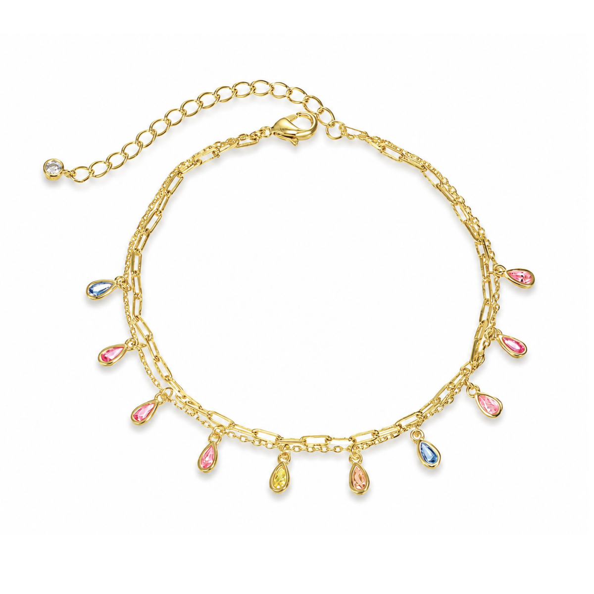 Cavigliera Doppio Filo con Gocce con Zirconi Swarovski in Argento 925 Placcato Oro 18kt