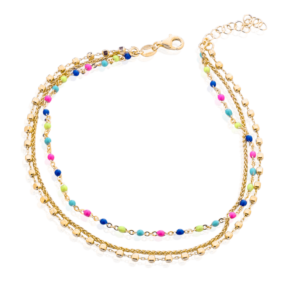 Cavigliera Tre Fili con Perline Smaltate in Argento 925 Placcato Oro 18kt