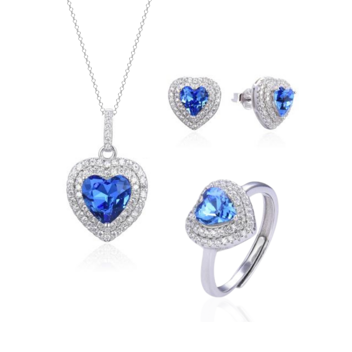 Parure Cuore con Doppio Contorno: Collana, Orecchini e Anello con Zirconi Swarovski Blu in Argento 925