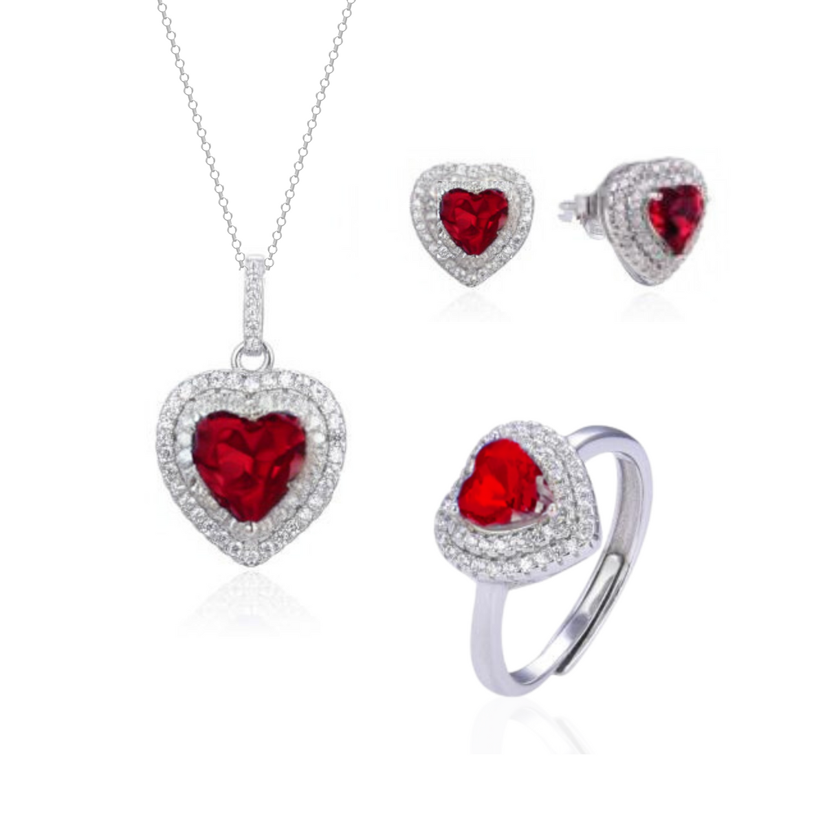 Parure Cuore con Doppio Contorno: Collana, Orecchini e Anello con Zirconi Swarovski Rossi in Argento 925
