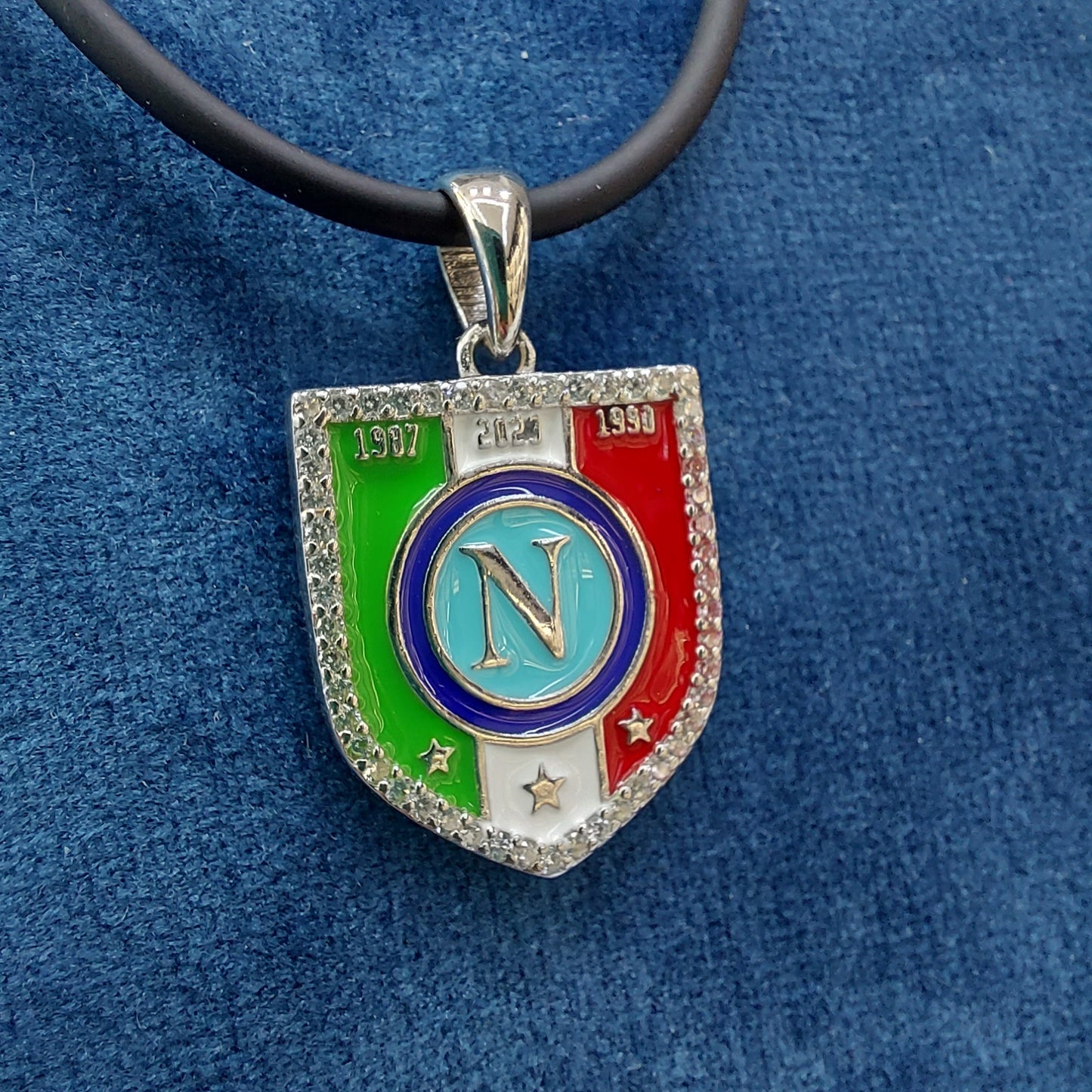 Collana con Ciondolo Argento 925 - Smaltato Con Zirconi - Terzo Scudetto Napoli