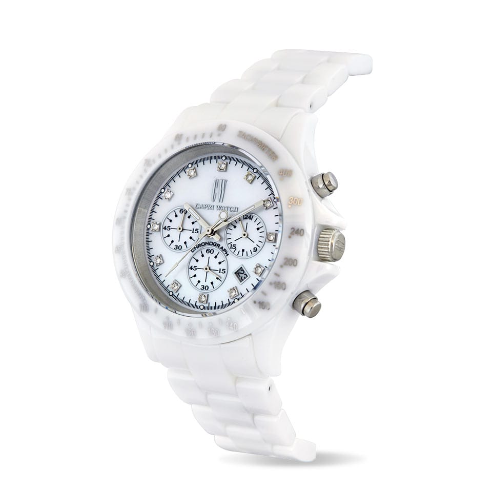 Capri Watch – Chrono Ceramic White with Stones (Ref. 5444)