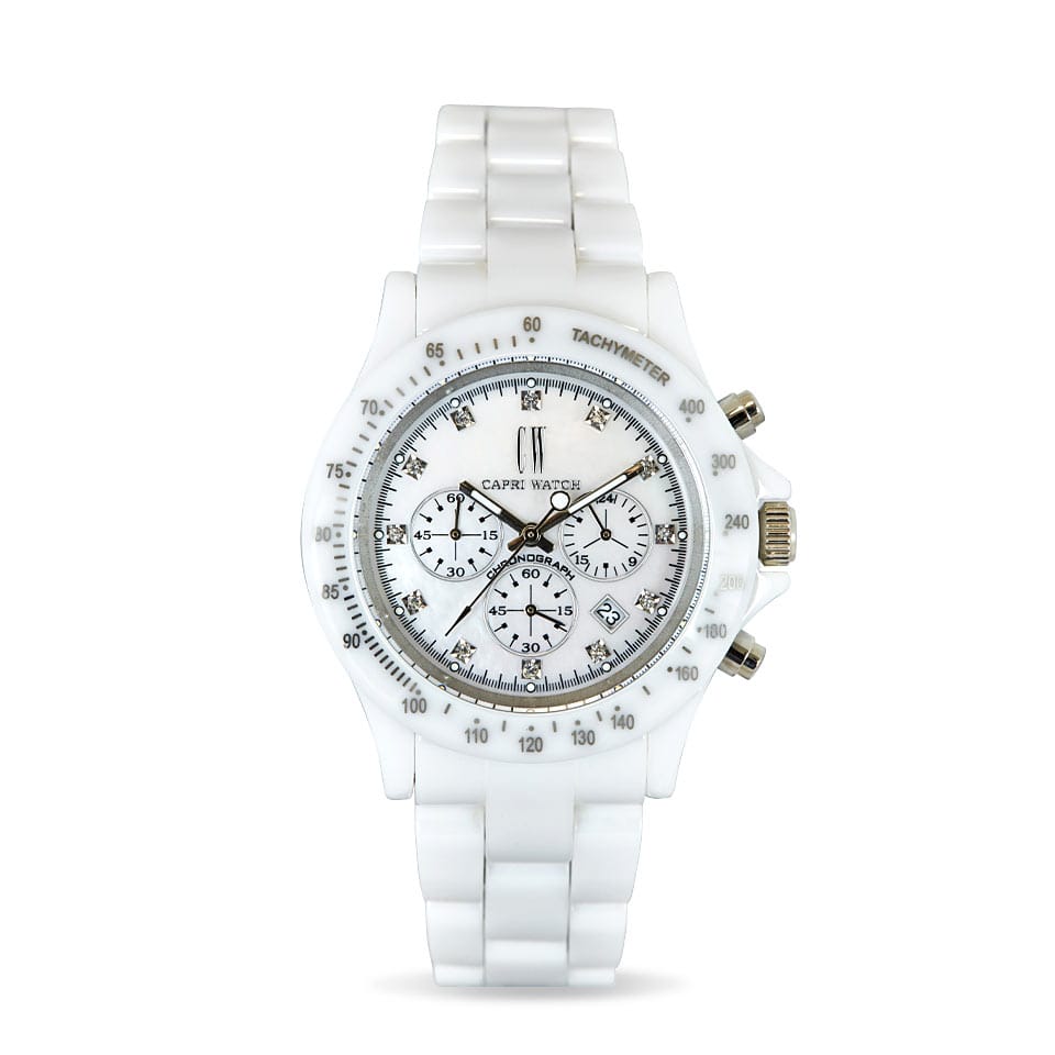 Capri Watch – Chrono Ceramic White with Stones (Ref. 5444)