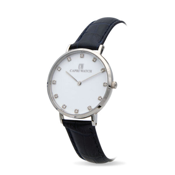 Capri Watch - Orologio Minimal 36 White Strass-Blue Navy