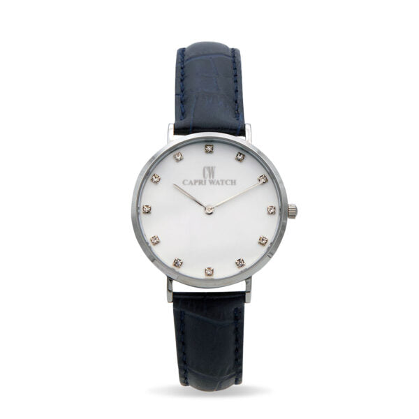 Capri Watch - Orologio Minimal 36 White Strass-Blue Navy