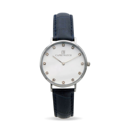 Capri Watch - Orologio Minimal 36 White Strass-Blue Navy