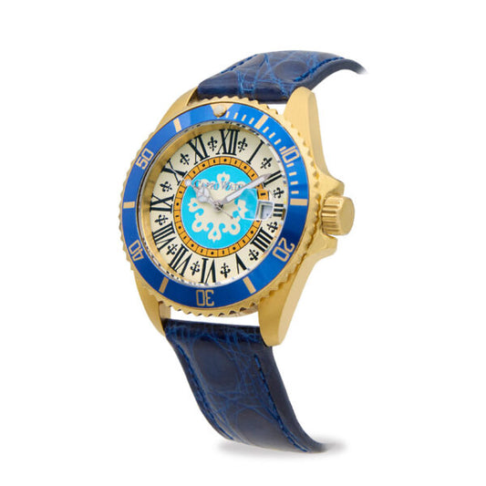 Capri Watch - Orologio Sub Capri First 40 Gold Crocodile Blue Navy