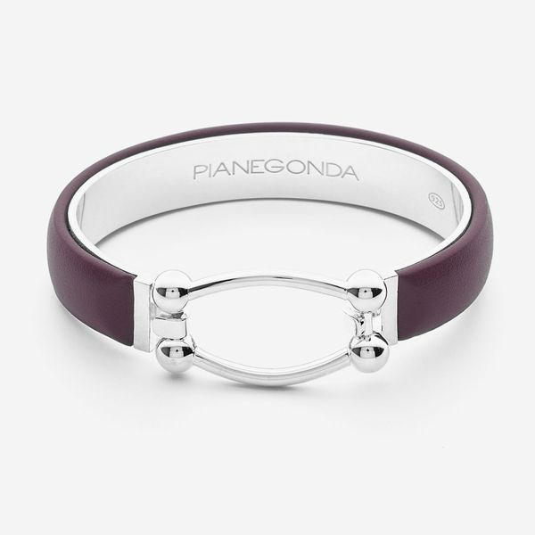 PIANEGONDA - Bracciale rigido medio in argento sterling 925 armonico ricoperto in pelle ottanio e chiusura centrale con maglia allungata PSOB24 - COLLEZIONE ASSOLUTO