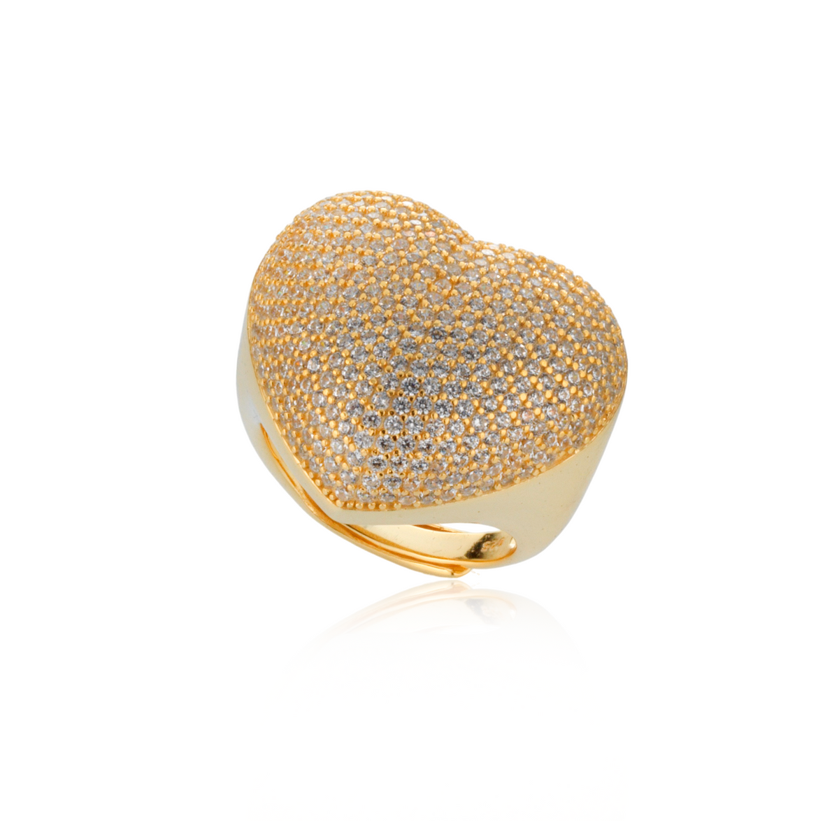Anello Cuore Pavé Regolabile in Argento 925 Placcato Oro 18kt con Zirconi Swarovski – 2,5 cm