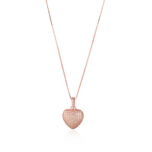 Collana con Ciondolo Cuore Pavé in Argento 925 Placcato Oro Rosa 18kt con Zirconi Swarovski – 1,2 cm