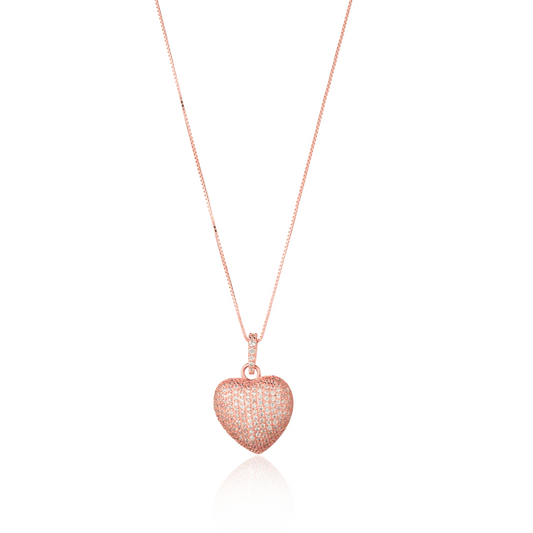 Collana con Ciondolo Cuore Pavé in Argento 925 Placcato Oro Rosa 18kt con Zirconi Swarovski – 2 cm