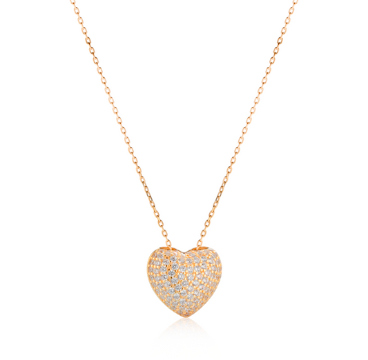 Collana Cuore Pavé in Argento 925 Placcato Oro 18kt con Zirconi Swarovski – 2 cm