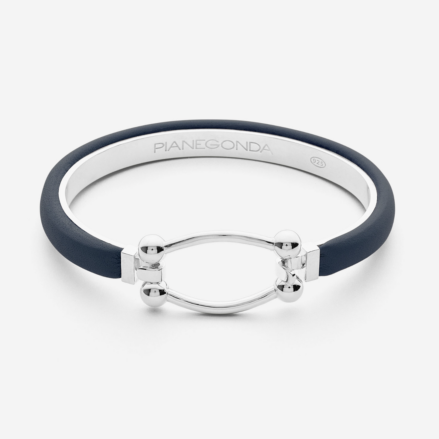 PIANEGONDA - Bracciale rigido piccolo in argento sterling 925 armonico ricoperto in pelle blu navy e chiusura centrale con maglia allungata PSOB17 - COLLEZIONE ASSOLUTO