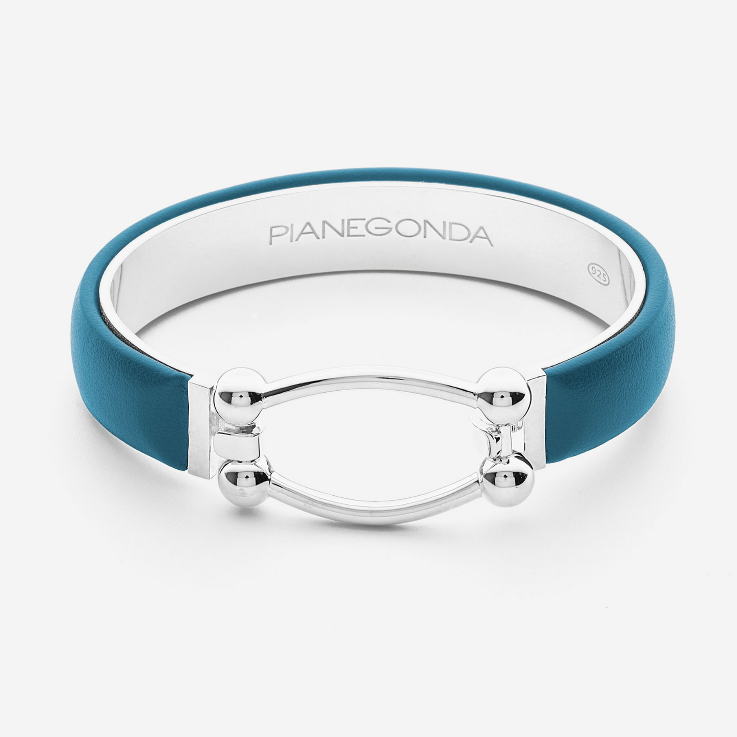 PIANEGONDA - Bracciale rigido medio in argento sterling 925 armonico ricoperto in pelle ottanio e chiusura centrale con maglia allungata PSOB24 - COLLEZIONE ASSOLUTO