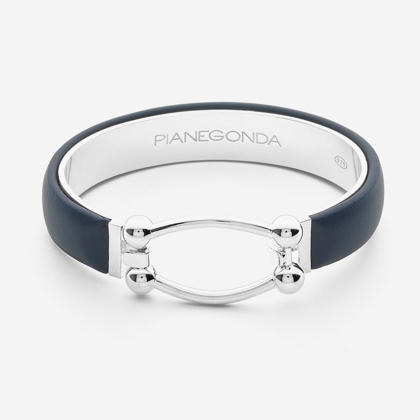 PIANEGONDA - Bracciale rigido medio in argento sterling 925 armonico ricoperto in pelle ottanio e chiusura centrale con maglia allungata PSOB24 - COLLEZIONE ASSOLUTO