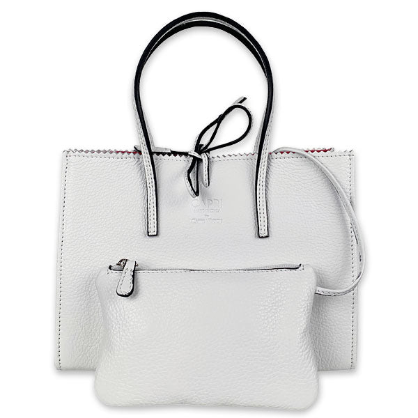 CAPRI WATCH - Borsa "Alba" White realizzata in pelle “pieno fiore” di vitello con stampa "Alce”, interno in pelle scamosciata, borsello e tracolla in pelle - Art. 5776 00