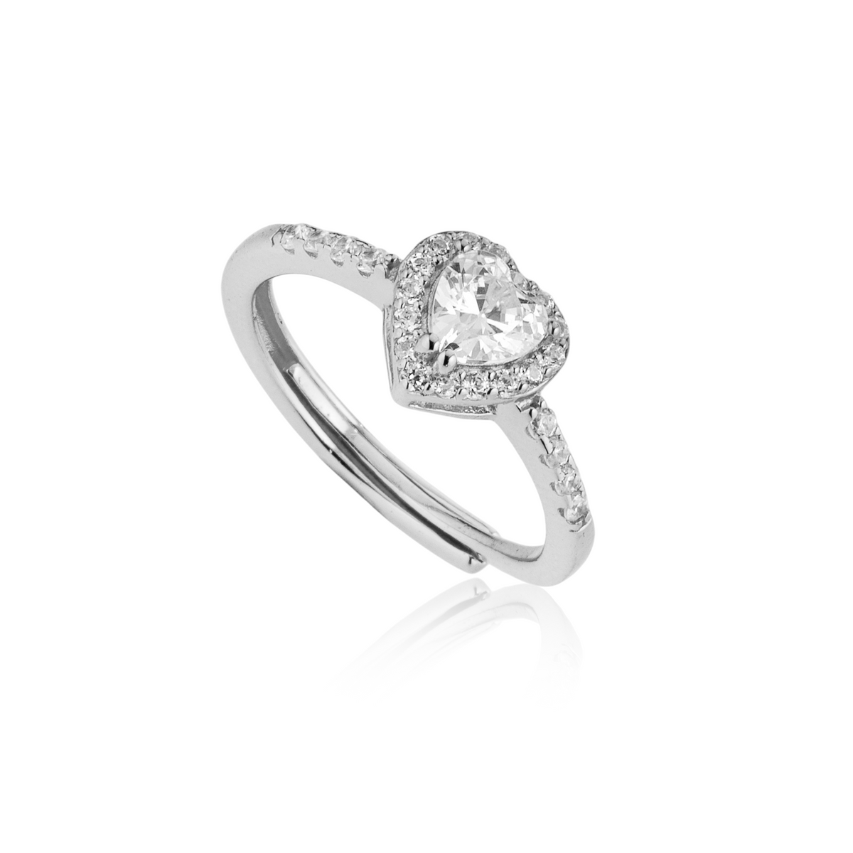 Anello Cuore con Contorno con Zirconi Swarovski Bianchi in Argento 925, Regolabile – 0,8 cm