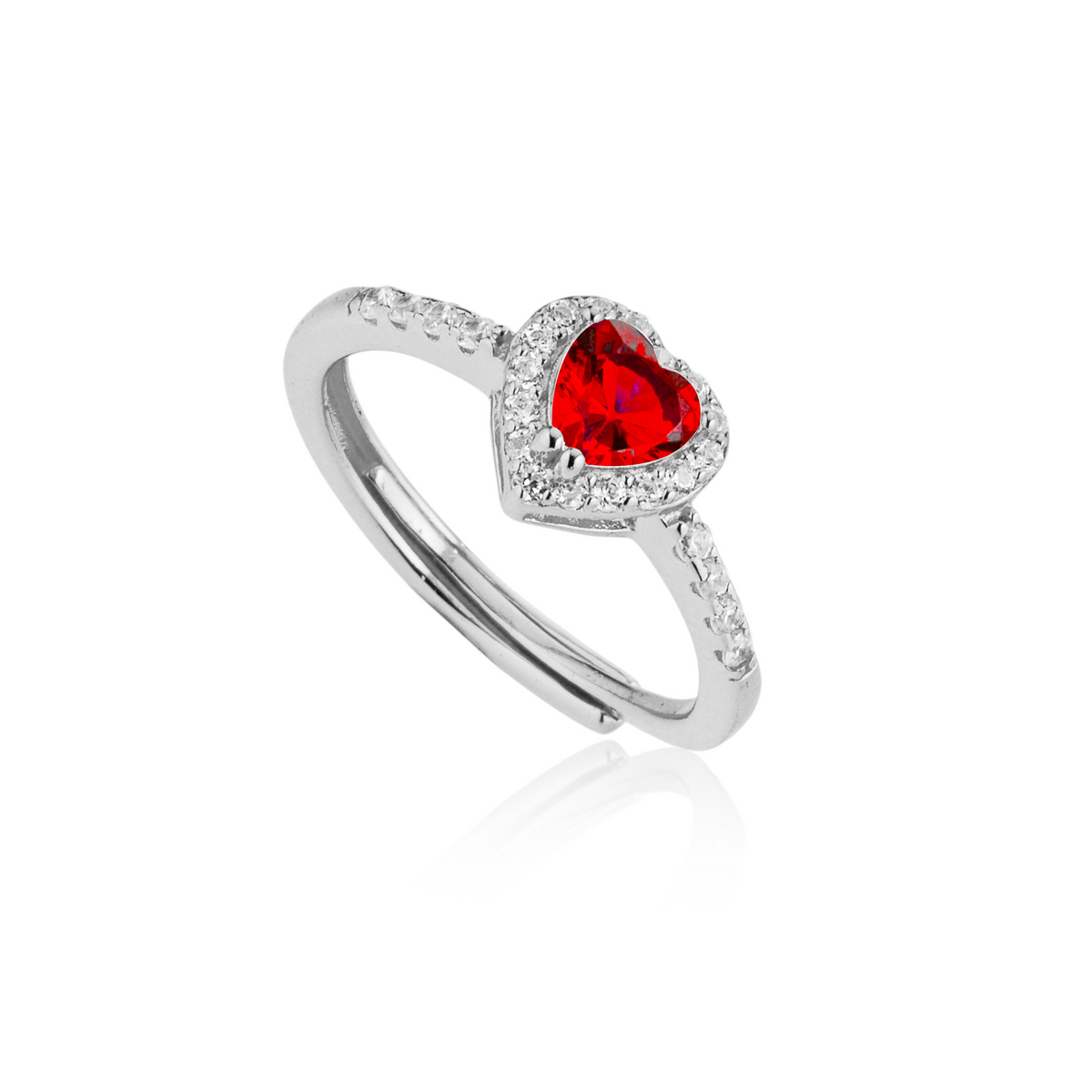 Anello Cuore con Contorno con Zirconi Swarovski Rossi in Argento 925, Regolabile – 0,8 cm