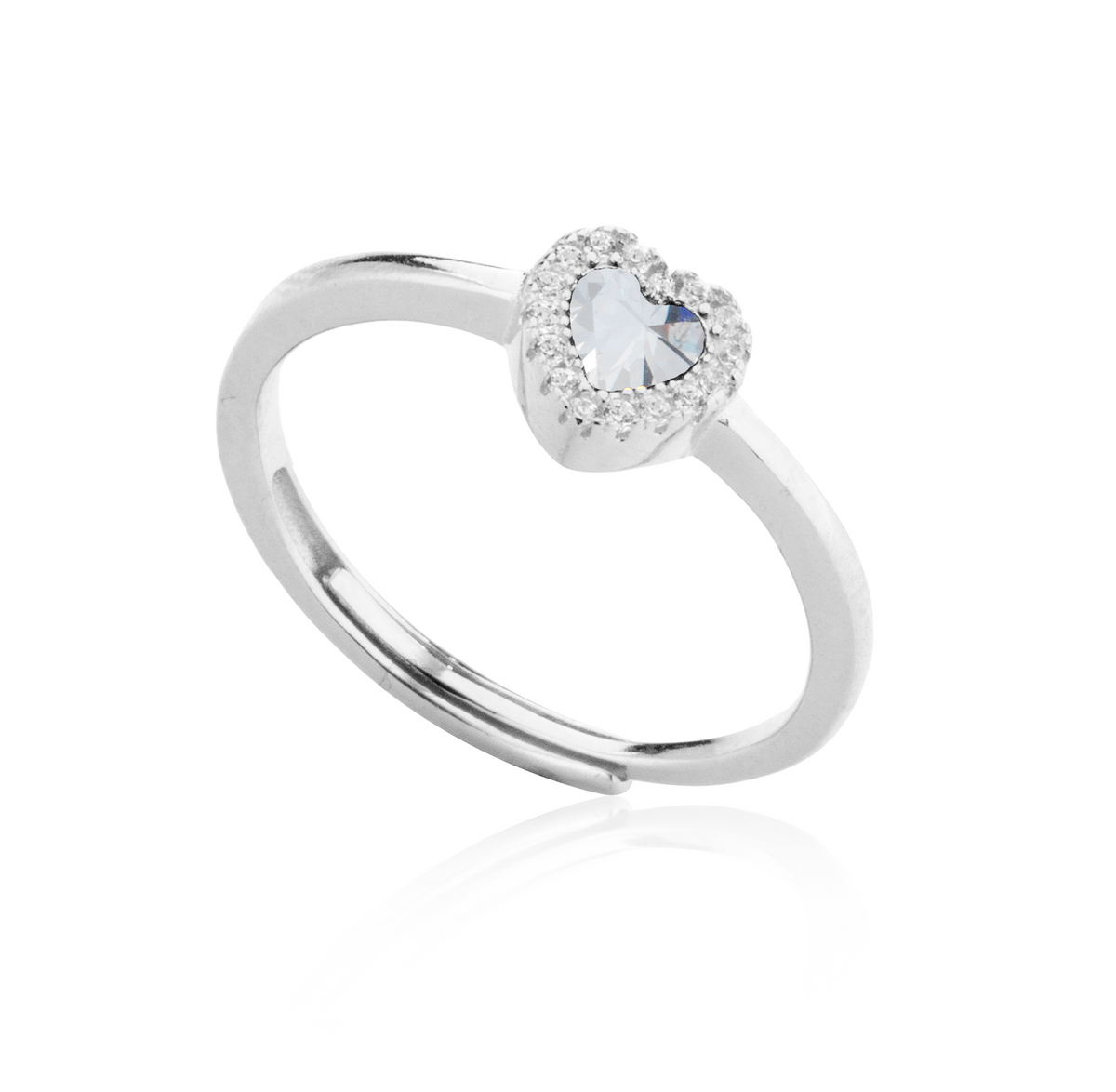 Anello Cuore con Contorno con Zirconi Swarovski Bianchi in Argento 925, Regolabile – 0,7 cm