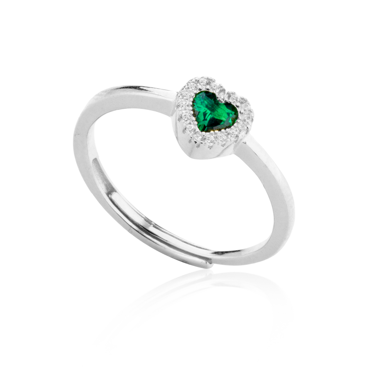 Anello Cuore con Contorno con Zirconi Swarovski Verdi in Argento 925, Regolabile – 0,7 cm
