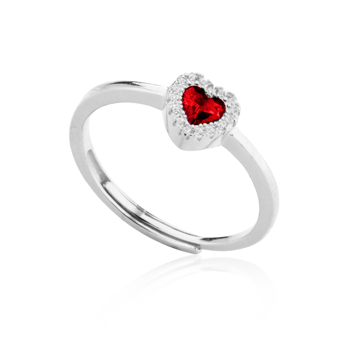 Anello Cuore con Contorno con Zirconi Swarovski Rossi in Argento 925, Regolabile – 0,7 cm