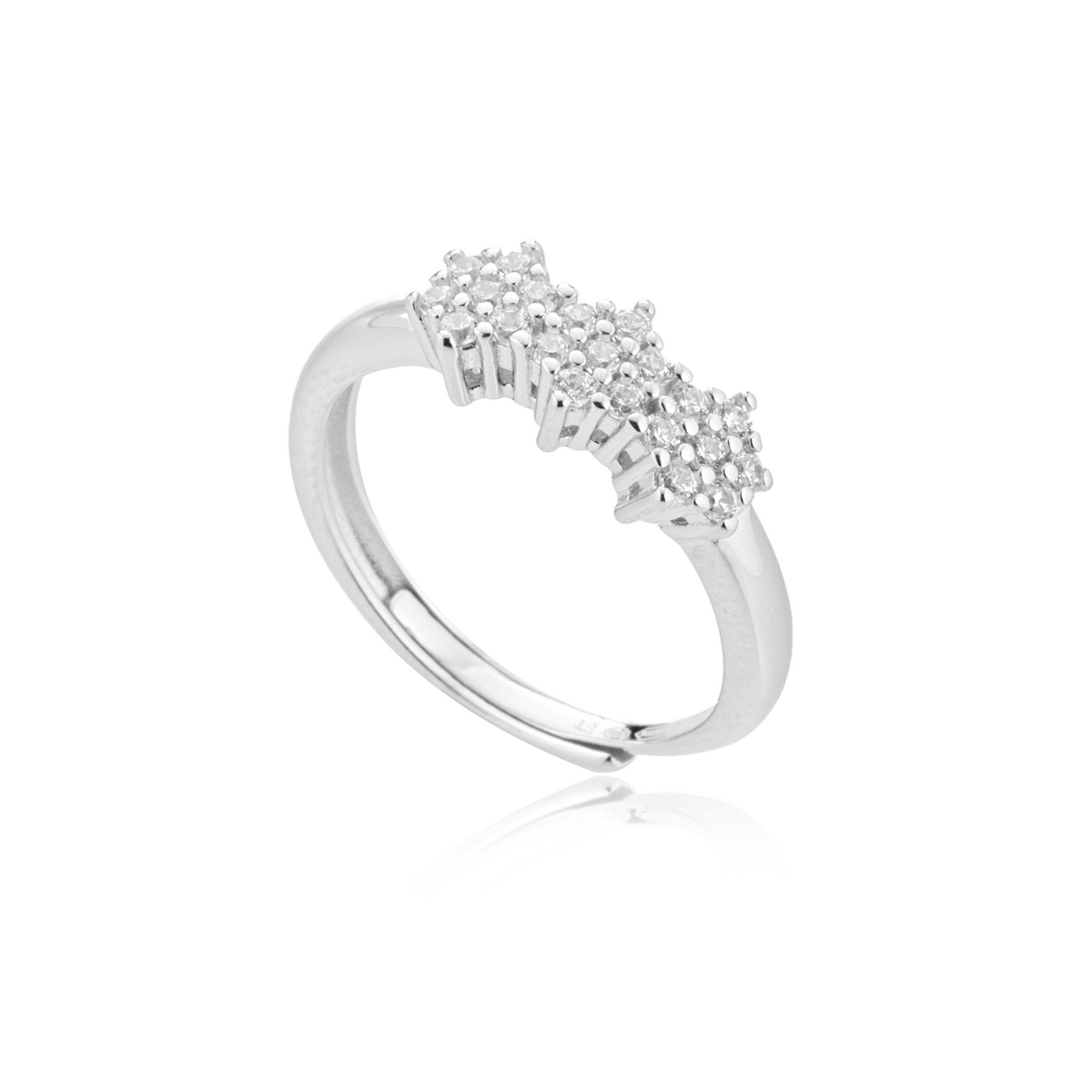 Anello Tre Fiori di Zirconi in Argento 925, Regolabile