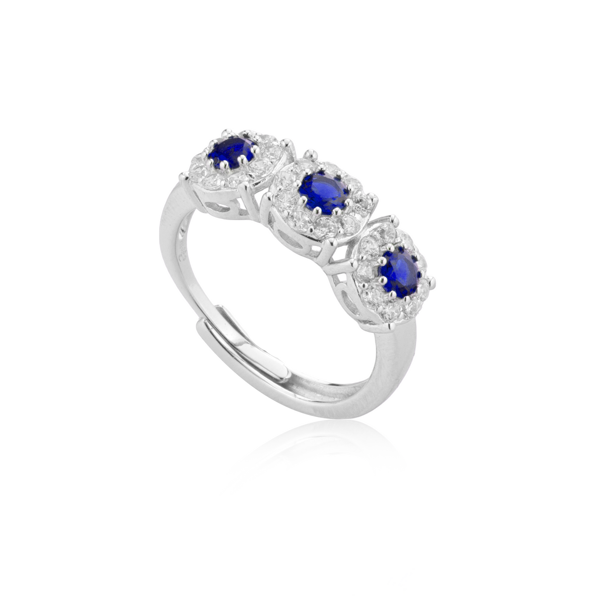 Anello Trilogy Pavé con Zirconi Swarovski Blu in Argento 925, Regolabile – 1,9 cm