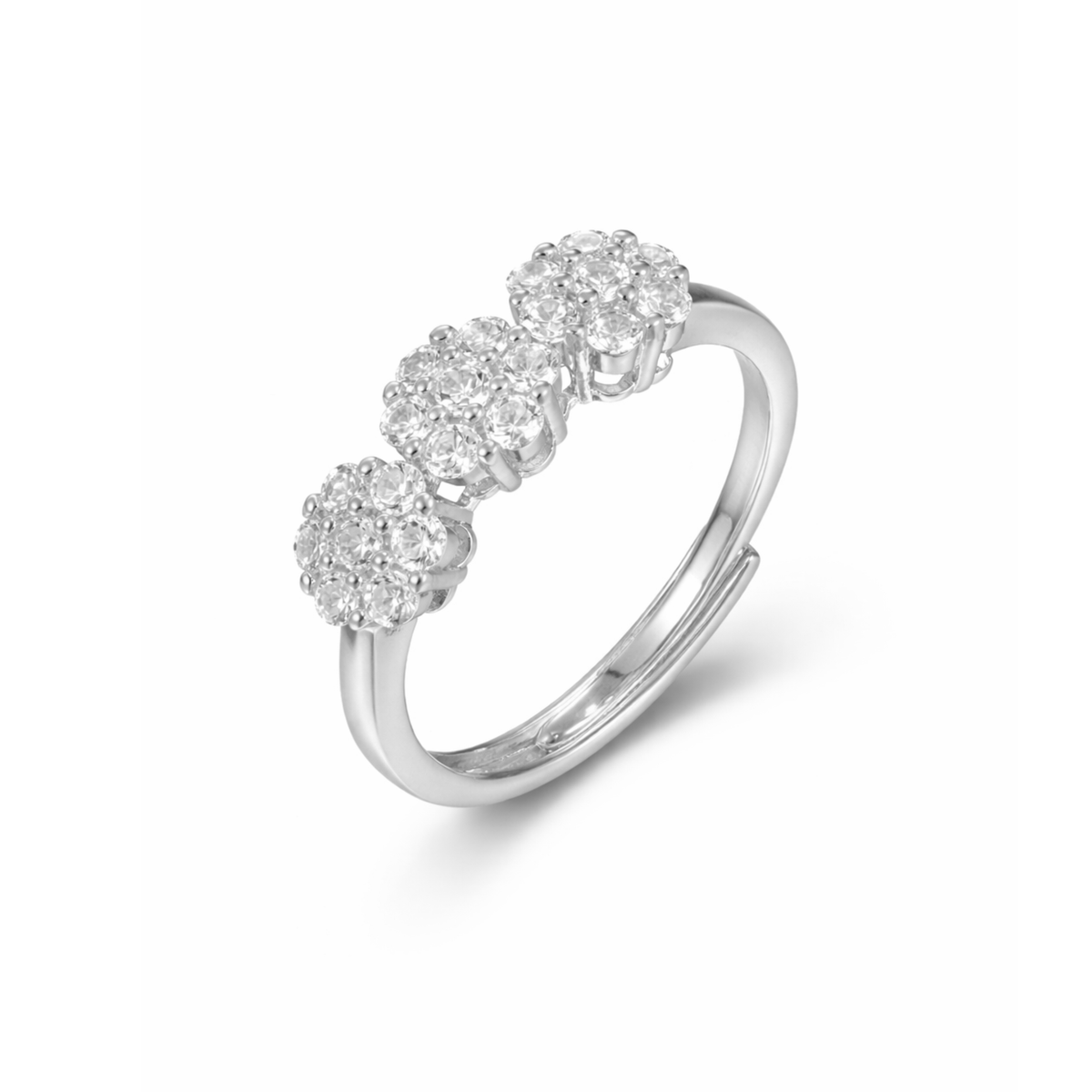 Anello Trilogy Tre Fiori Pavé con Zirconi Swarovski in Argento 925, Regolabile