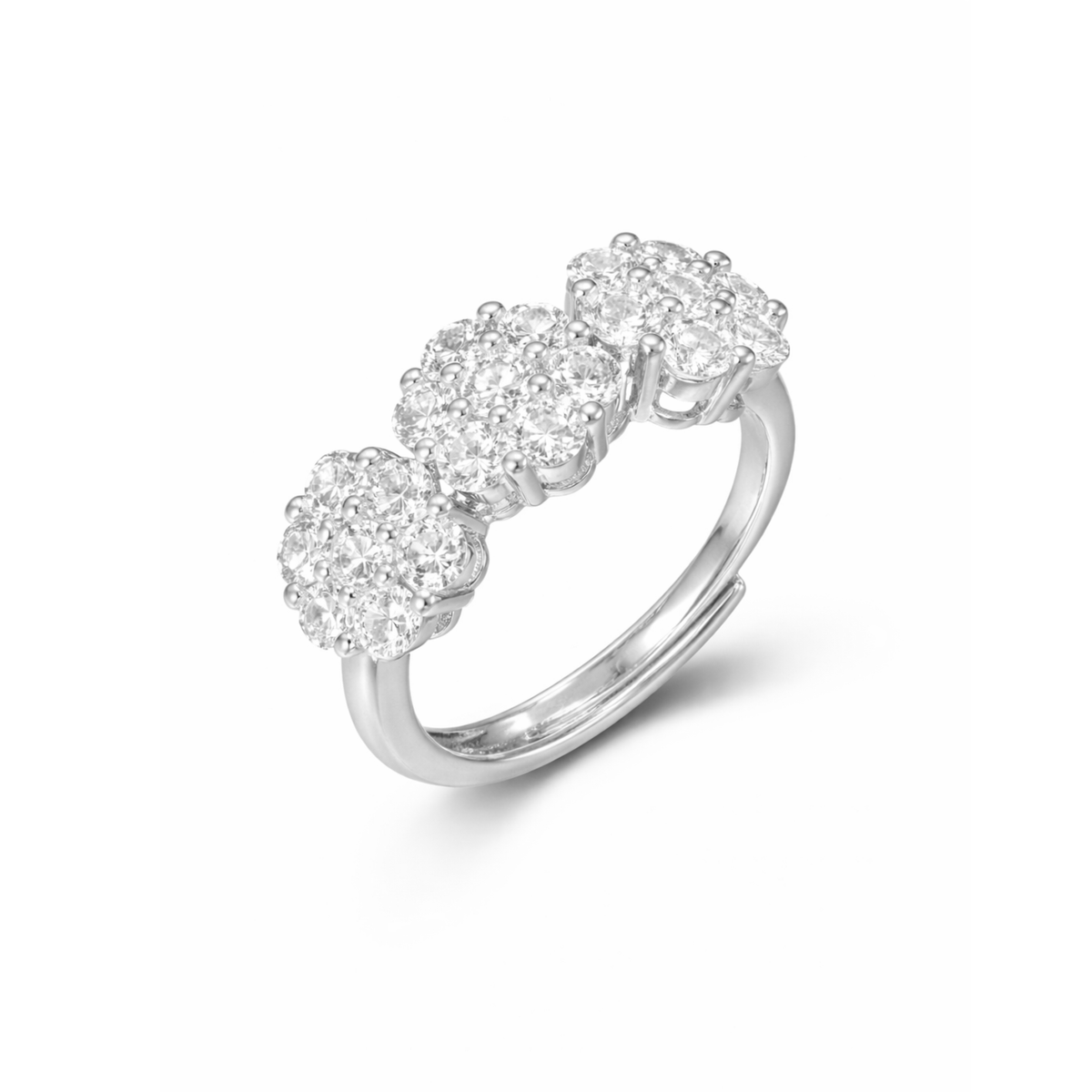 Anello Trilogy Tre Fiori Pavé in Argento 925, Regolabile – 1 cm