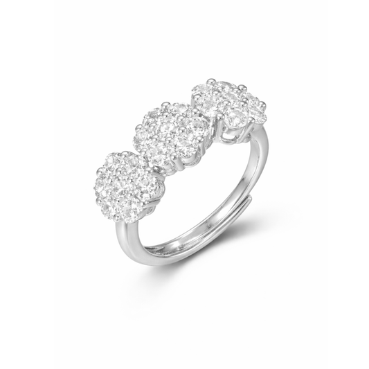 Anello Trilogy Tre Fiori Pavé in Argento 925, Regolabile – 1 cm