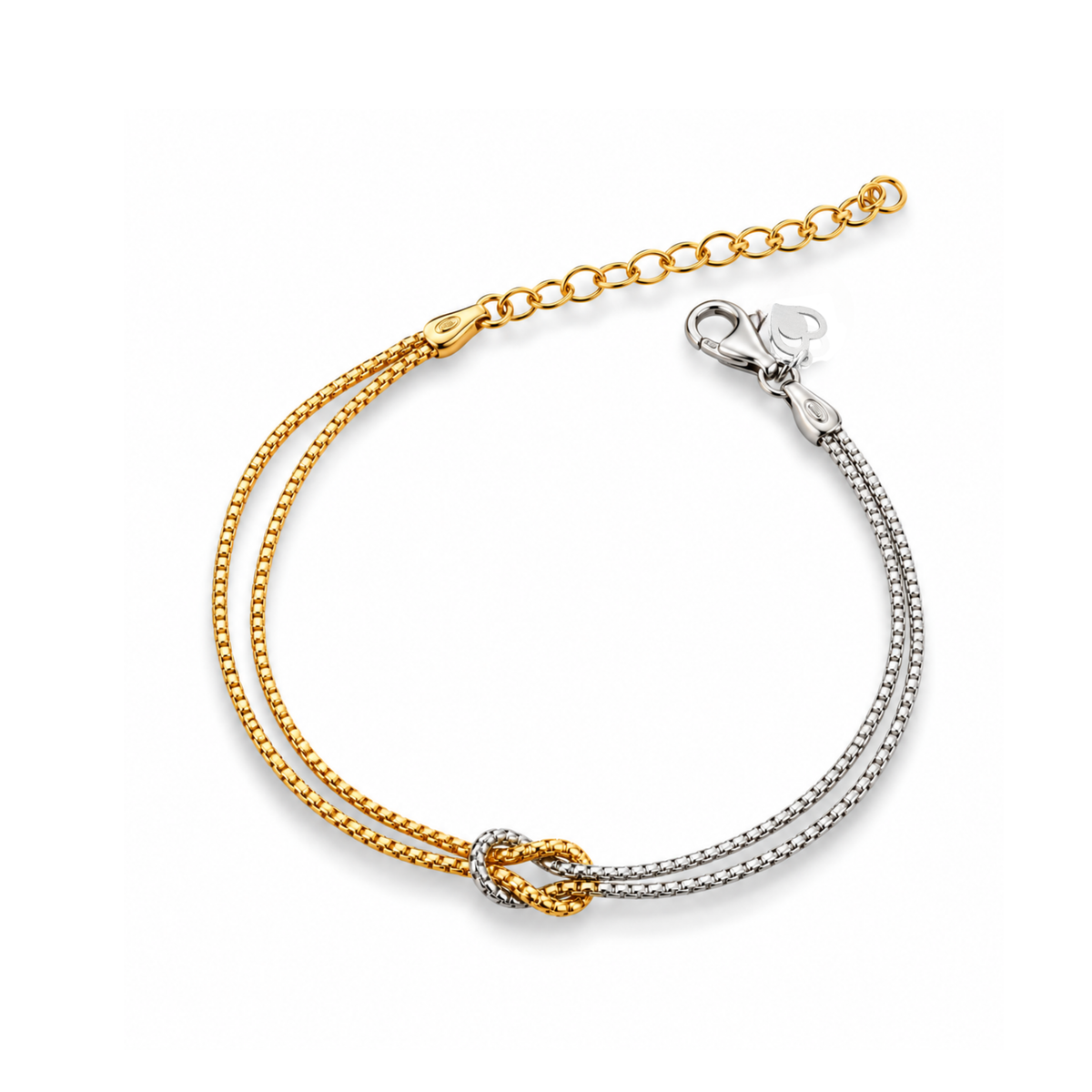 Bracciale Doppio Filo con Nodo, Catena Etrusca in Argento 925 Bicolore Argento e Oro