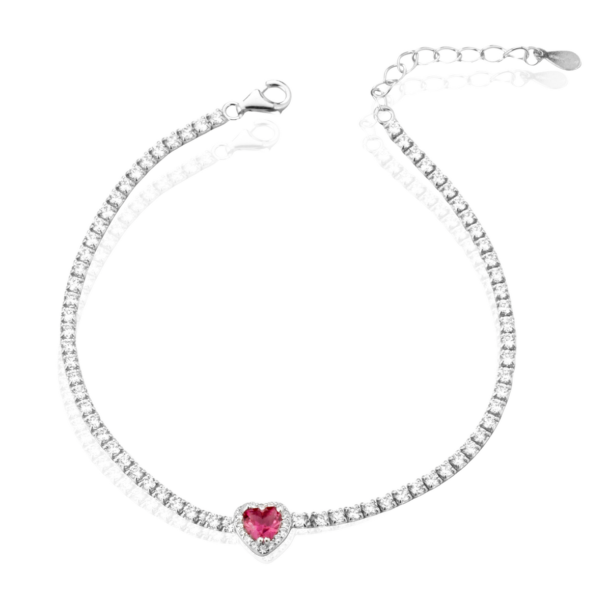 Bracciale Tennis con Cuore con Zirconi Swarovski Rossi in Argento 925