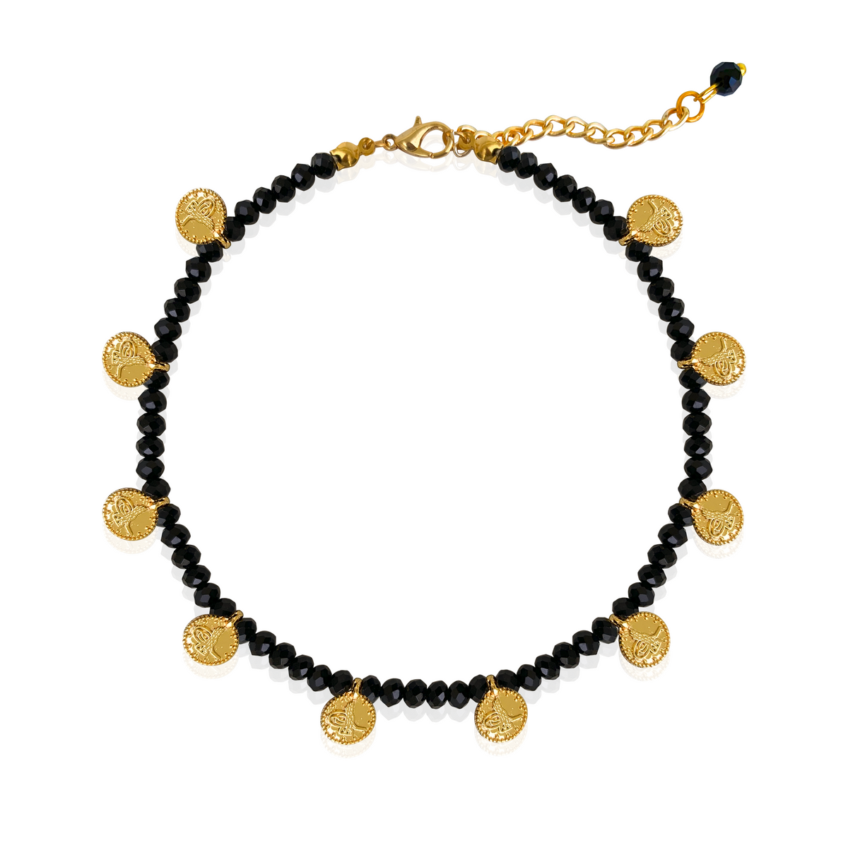 Cavigliera con Cristalli Neri e Medagliette in Argento 925 Placcato Oro 18kt