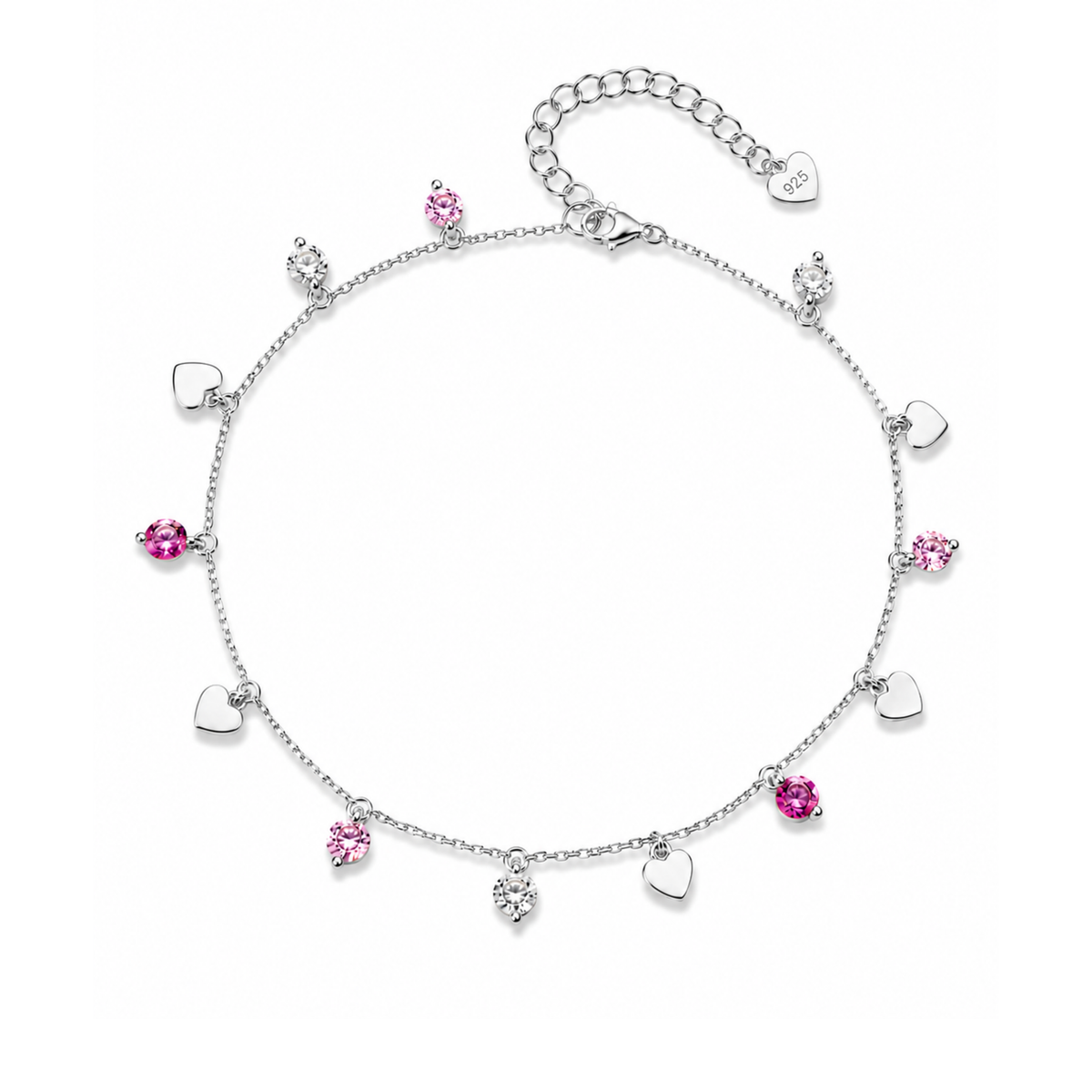 Cavigliera con Cuori Pendenti e Zirconi Swarovski Rosa in Argento 925