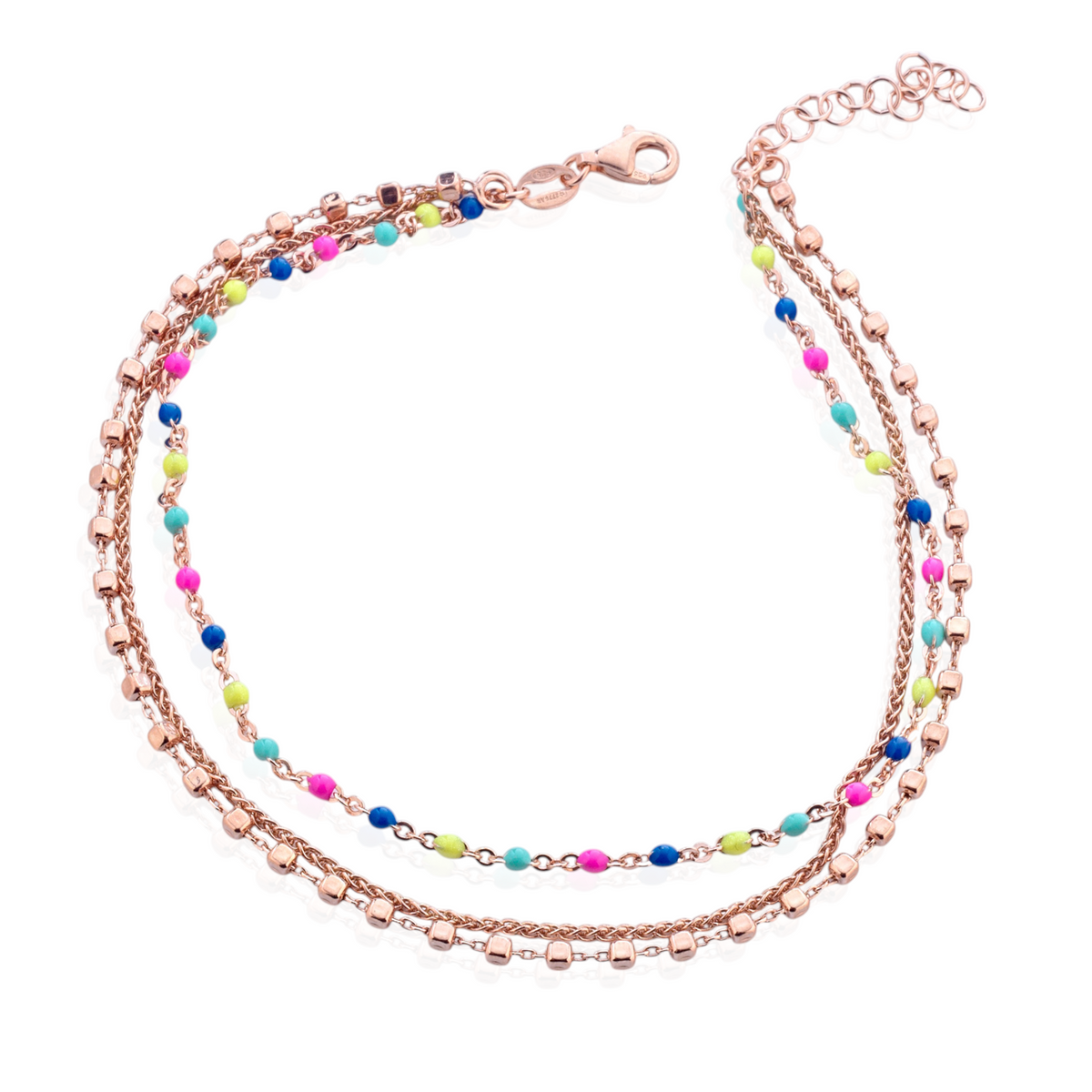 Cavigliera Tre Fili con Perline Smaltate in Argento 925 Placcato Oro Rosa 18kt