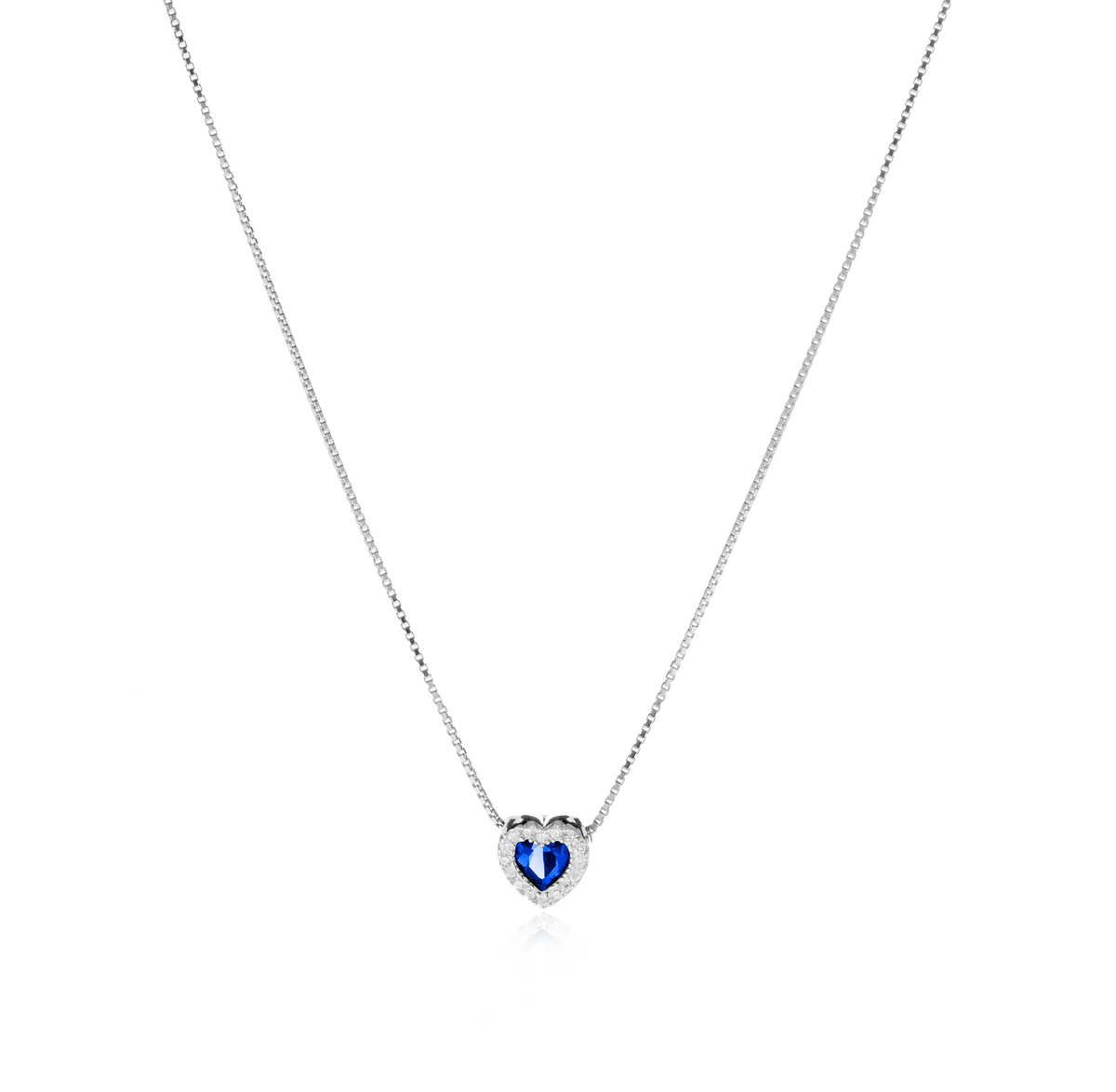 Collana Cuore con Contorno con Zirconi Swarovski Blu in Argento 925 – 0,7 cm