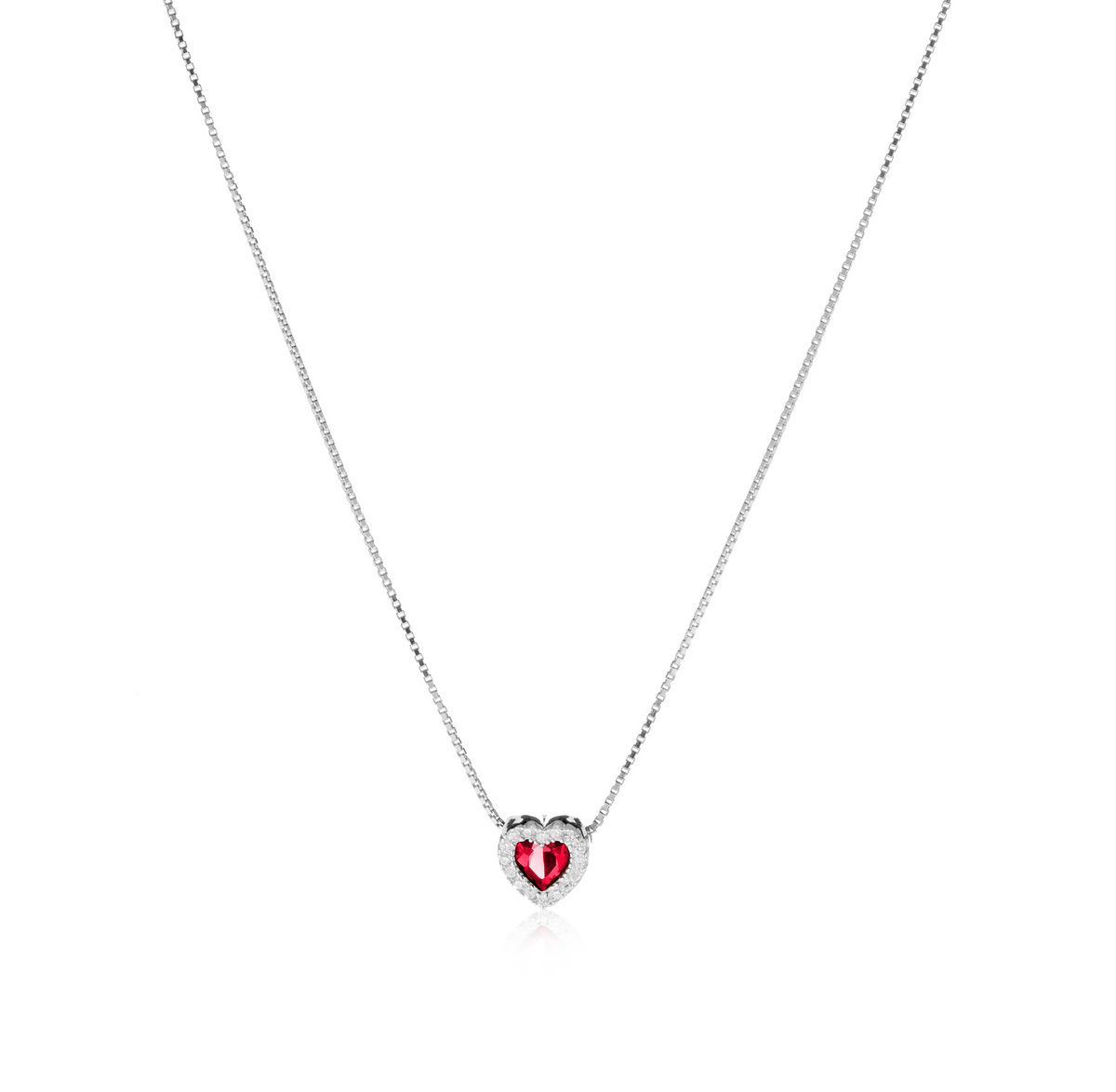 Collana Cuore con Contorno con Zirconi Swarovski Rossi in Argento 925 – 0,7 cm