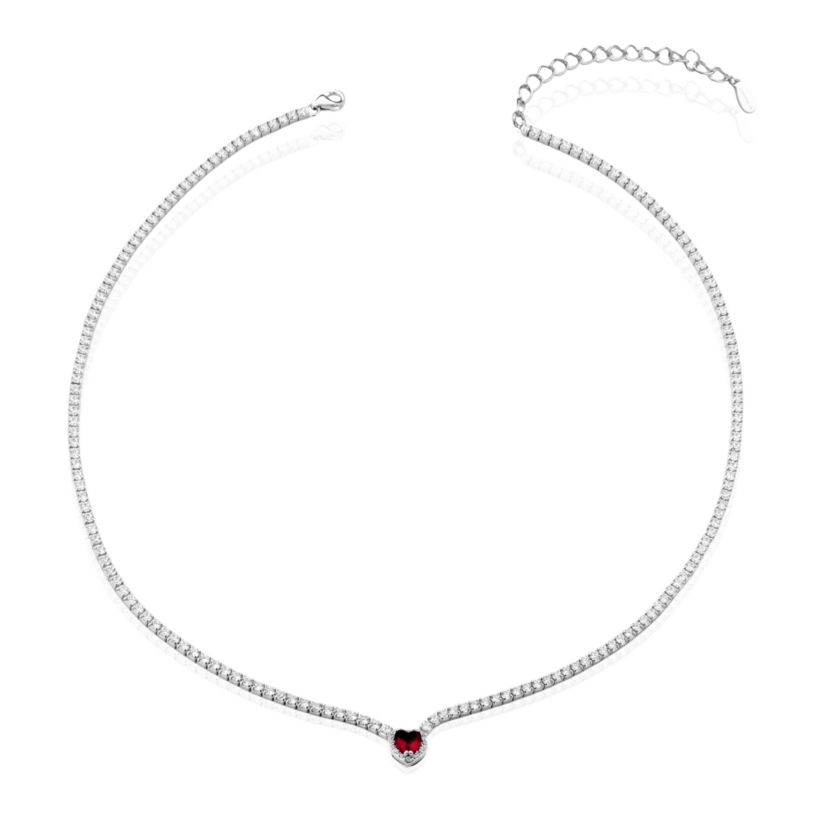 Collana Tennis con Cuore con Zirconi Swarovski Rossi in Argento 925