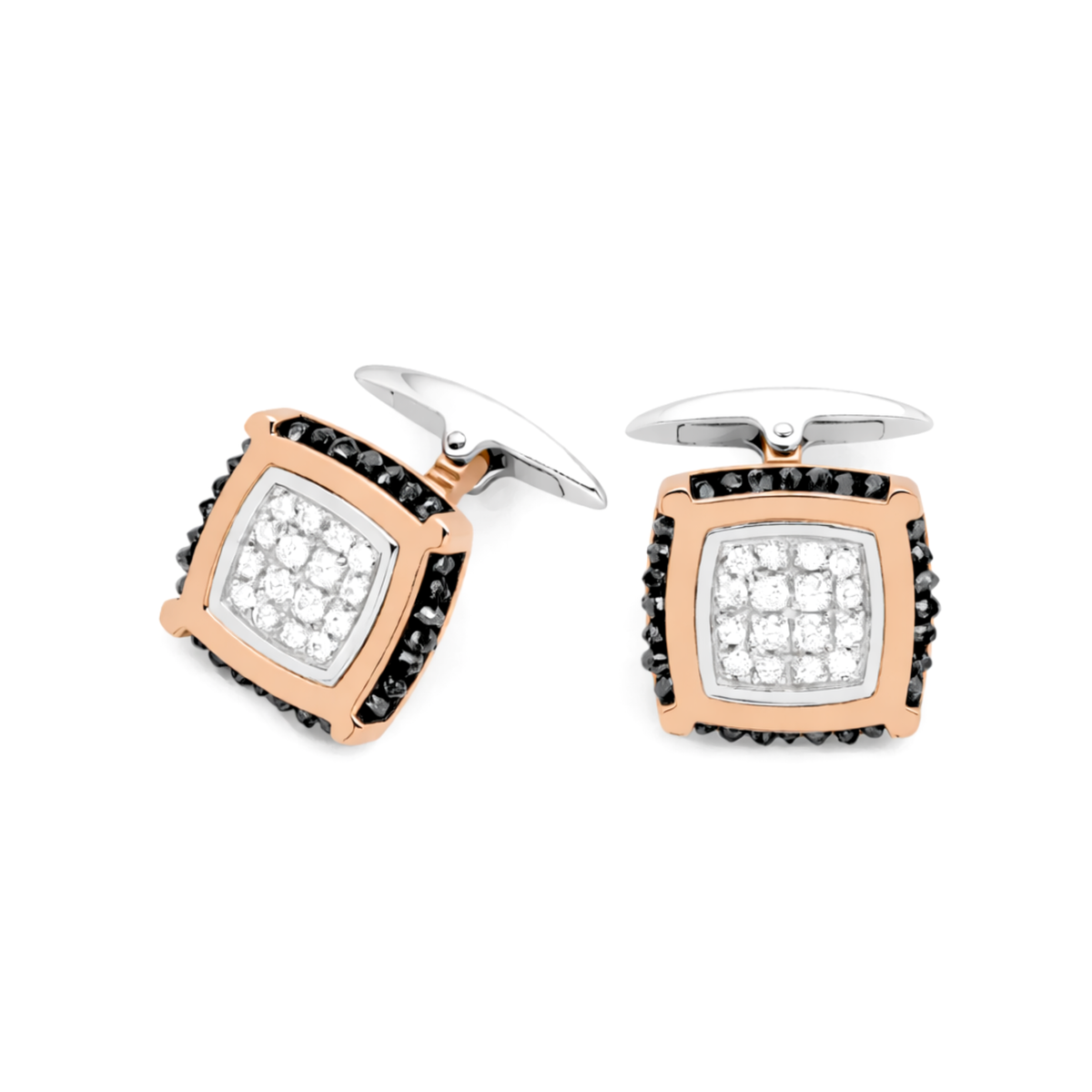 Gemelli Quadrati Bicolore con Zirconi Bianchi e Neri in Argento 925 con Dettagli Placcati Oro Rosa 18kt