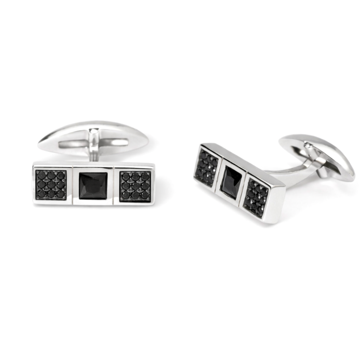 Gemelli Rettangolari con Dettagli Neri con Zirconi Swarovski in Argento 925 – 1,4 cm x 0,5 cm