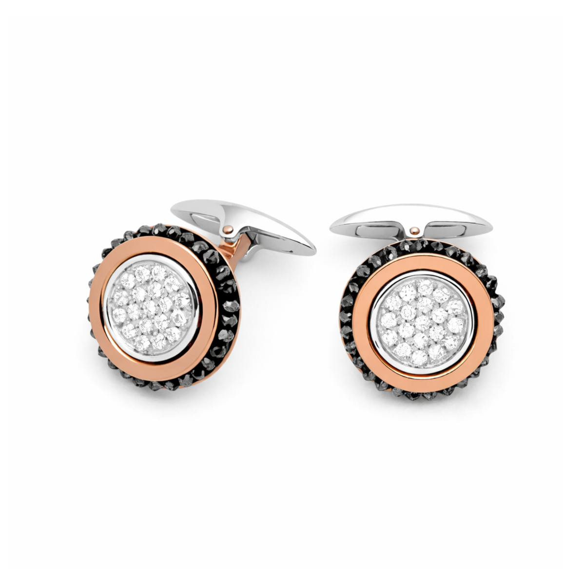 Gemelli Tondi Bicolore con Zirconi Bianchi e Neri in Argento 925 con Dettagli Placcati Oro Rosa 18kt