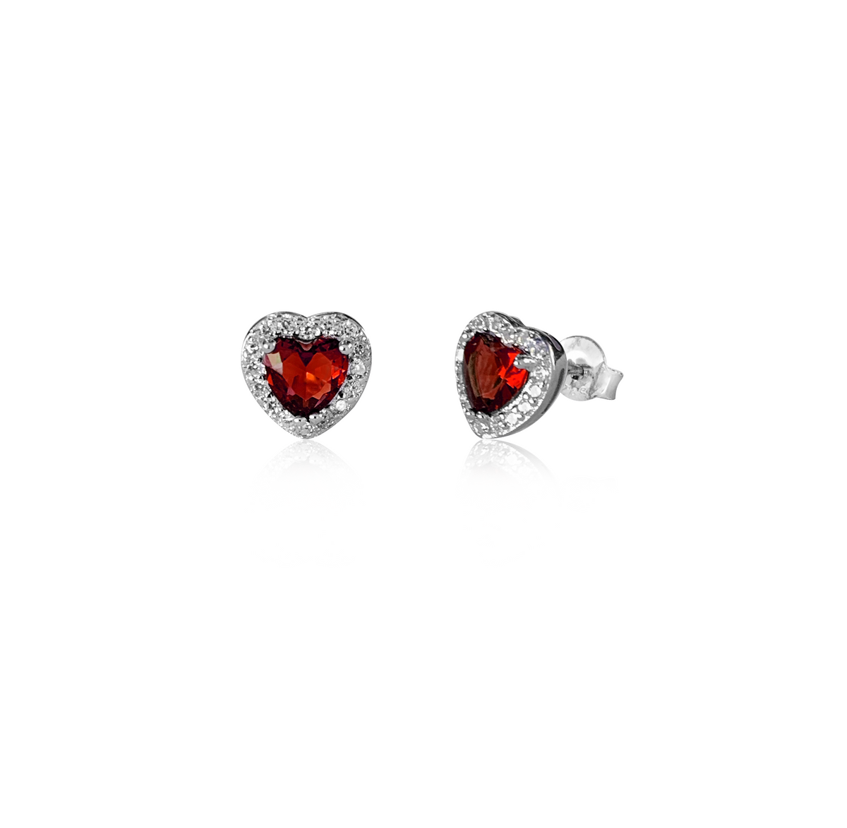 Orecchini Cuore con Contorno con Zirconi Swarovski Rossi in Argento 925