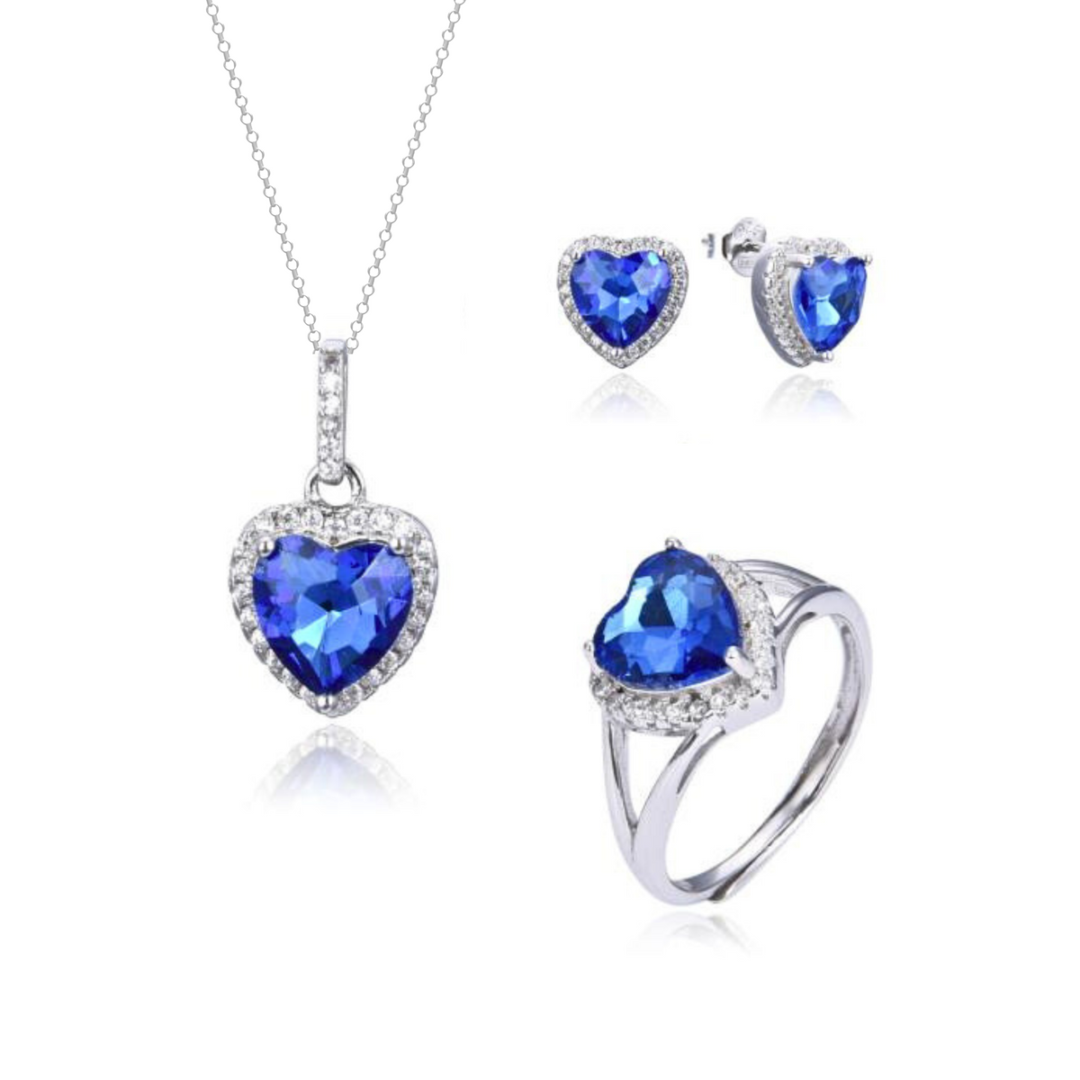Parure Cuore con Contorno: Collana, Orecchini e Anello con Zirconi Swarovski Blu in Argento 925