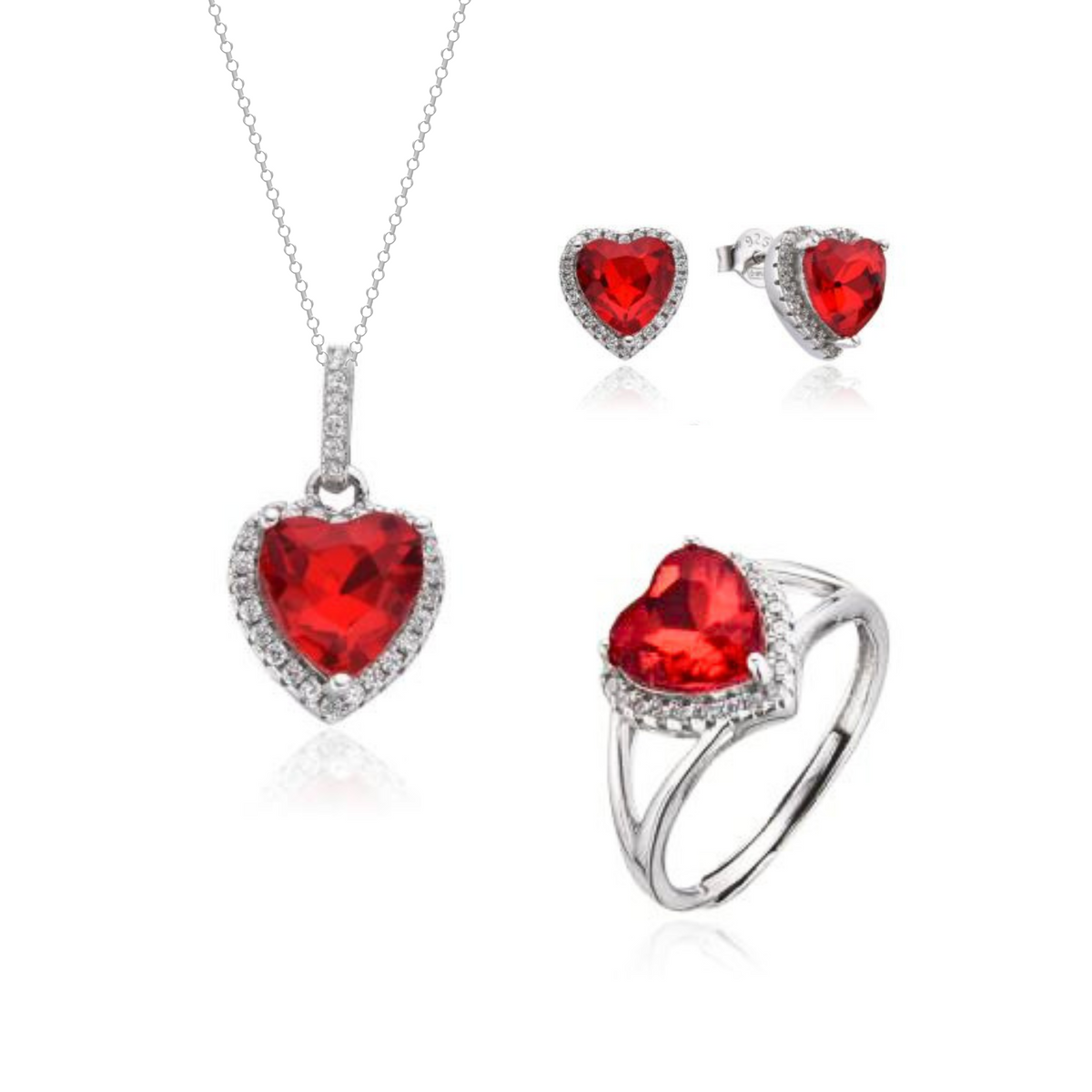 Parure Cuore con Contorno: Collana, Orecchini e Anello con Zirconi Swarovski Rossi in Argento 925